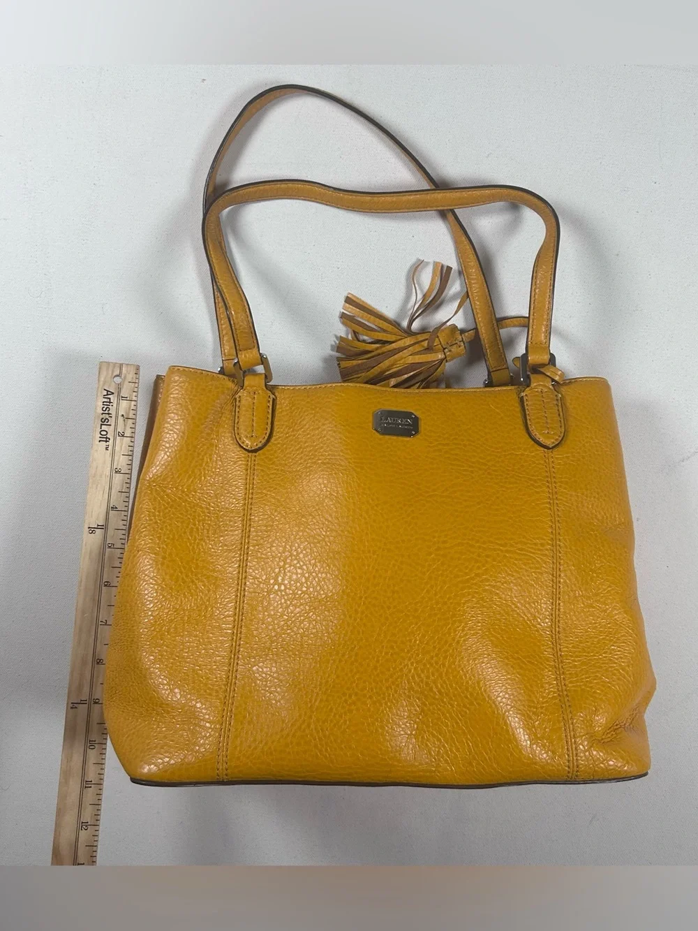Lauren Ralph Lauren Leather Satchel Pebbled Tassel Charm Mustard Yellow Bag